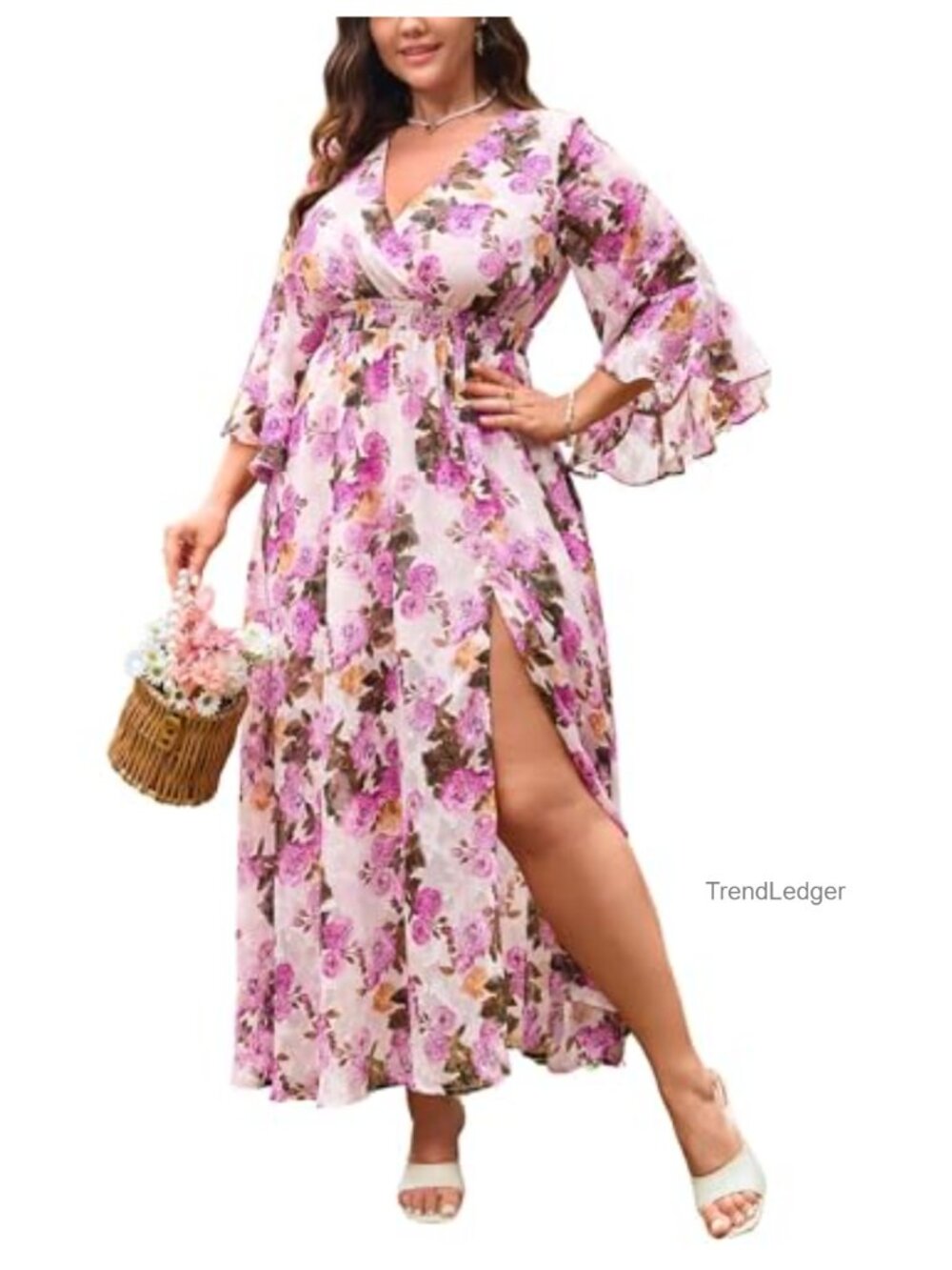 Plus Size Floral Chiffon Maxi Dress Bell Sleeve V Neck A Line Wedding Guest